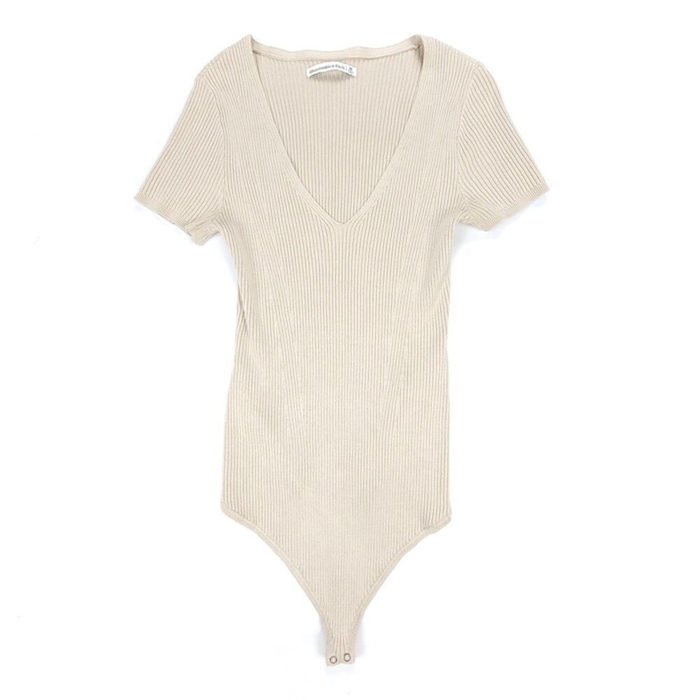 NEW Abercrombie Ribbed Knit Short Sleeve V Neck Bodysuit Womens Medium Beige